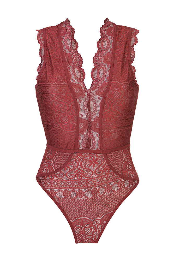 Wine Red floral lace sleeveless bodysuit