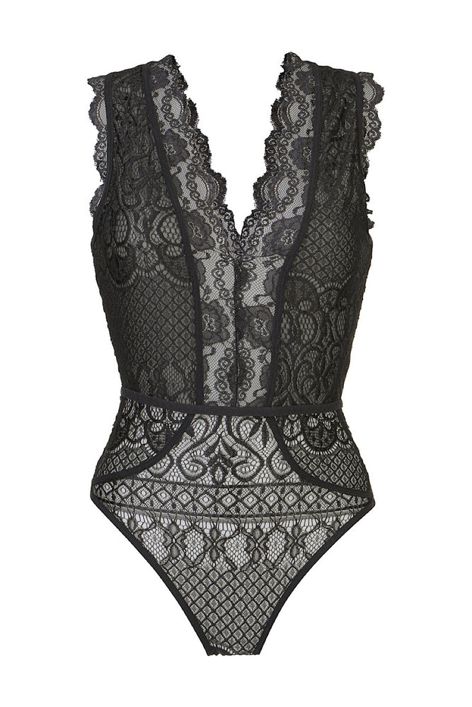 Black floral lace sleeveless bodysuit