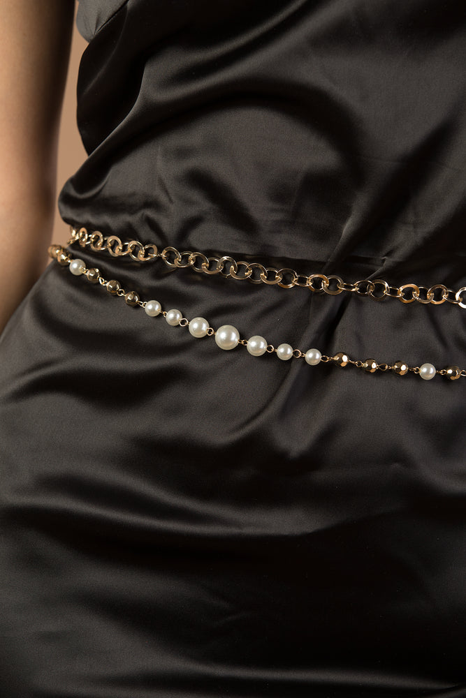 Gold double pearl waist chain belt