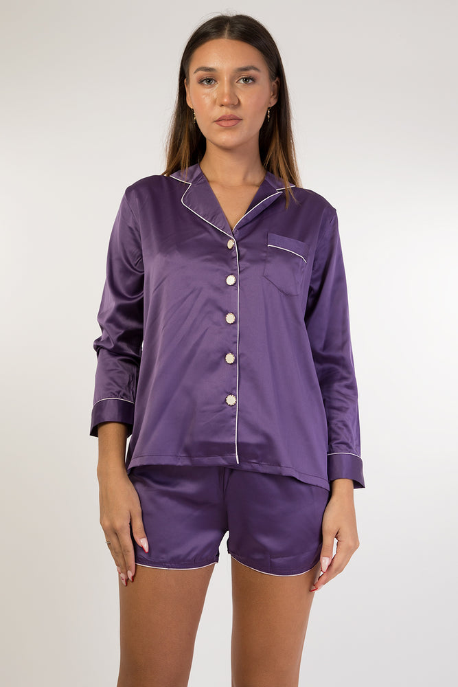 Purple long sleeves satin pyjama set