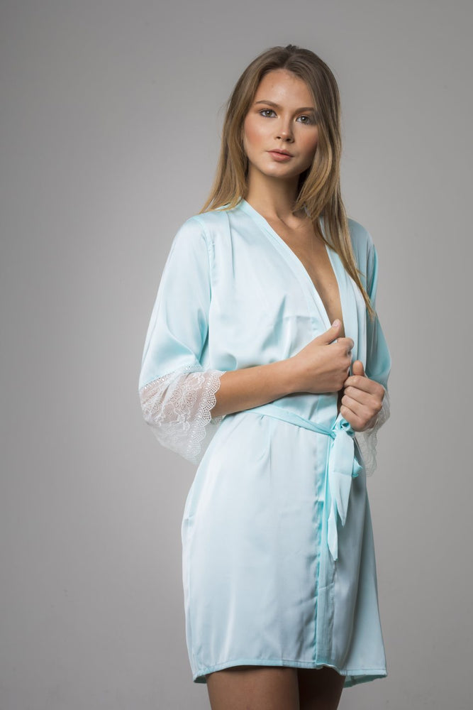 Blue Soft Cayan Satin with Lace Sleeves Robe